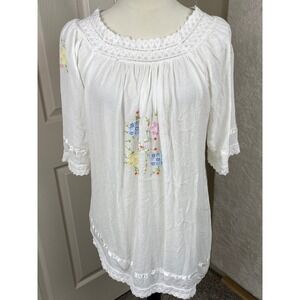 I.K. Collections Embroidered Peasant Top Crochet Trim‎ Boho Blouse Medium